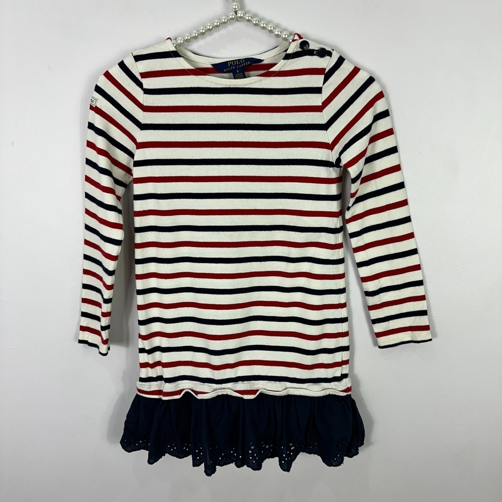 Polo Ralph Lauren Girls Dress 6 Nautical Striped Ruffle Hem Preppy Coastal